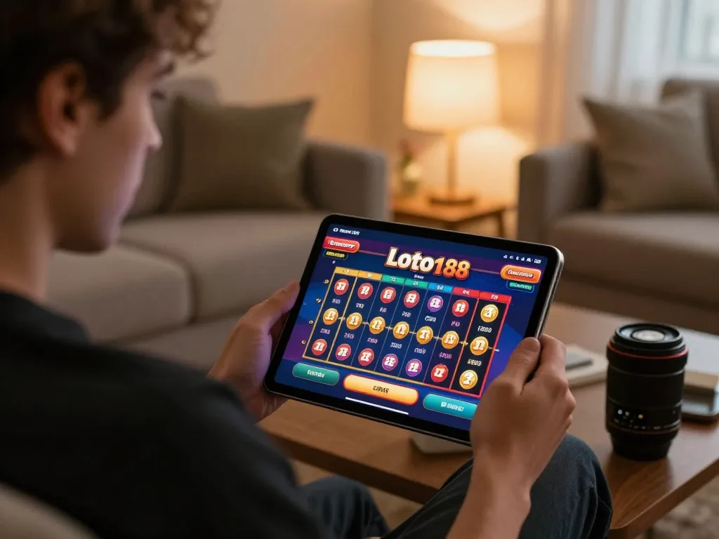 Engaging in loto188 online gaming on a tablet in a cozy living room setting, encouraging strategic play.