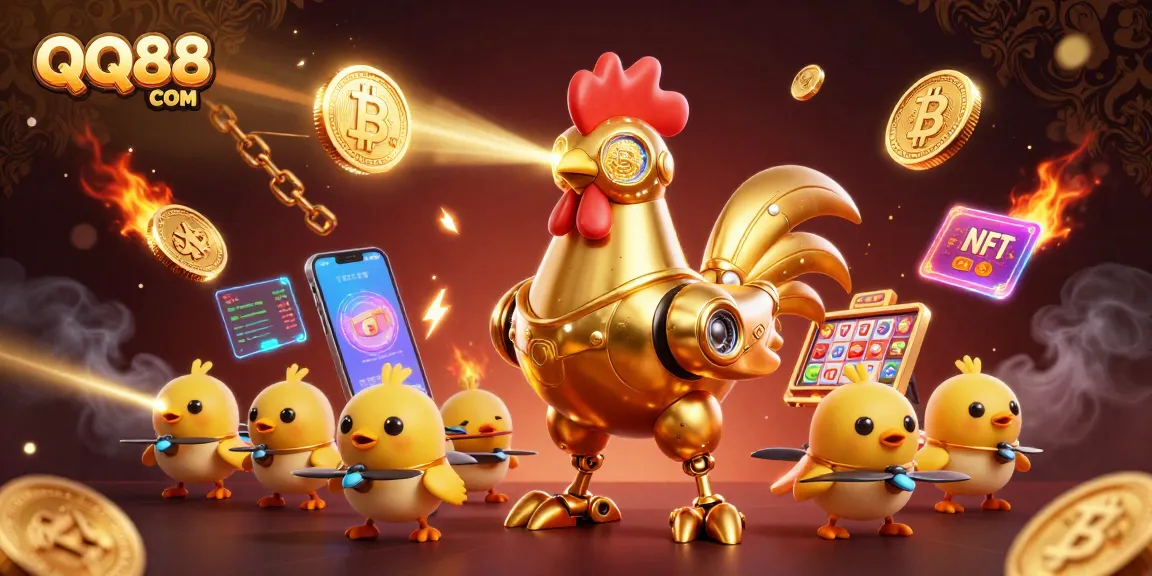 Engage with QQ88 COM's vibrant casino scene featuring a golden rooster robot and dynamic game elements.