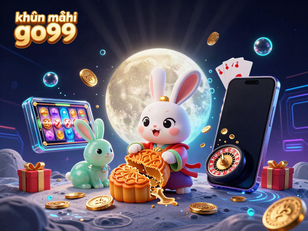 Engage with khuyến mãi go99 through vibrant casino-themed illustration featuring a moon rabbit and gaming elements.