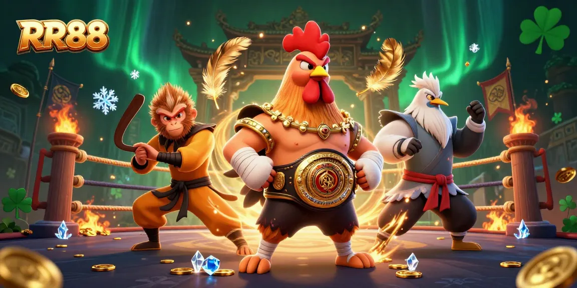 RR88 features a dynamic scene with a Muay Thai rooster and Shaolin monkey, showcasing a vibrant gambling arena.
