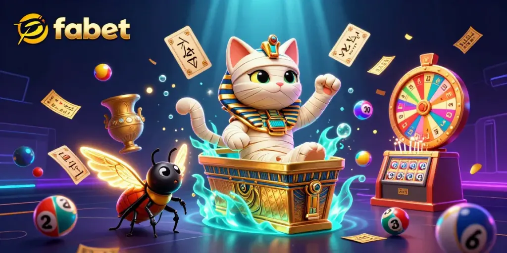 Experience fabet gaming excitement as a 3D mummy cat bursts from a sarcophagus amidst colorful lottery elements.