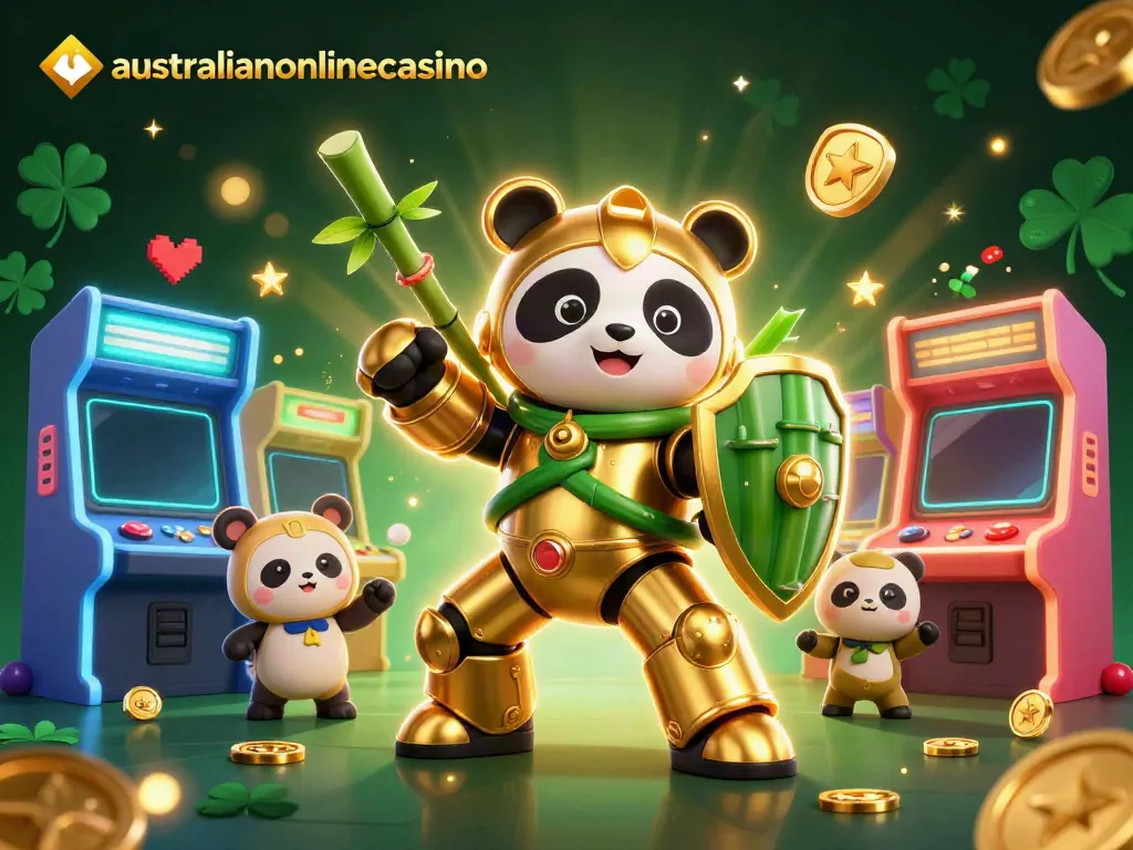 Engaging scene featuring a golden panda in a mech-suit in an australianonlinecasino, surrounded by vibrant gaming elements and cheering animal spectators.