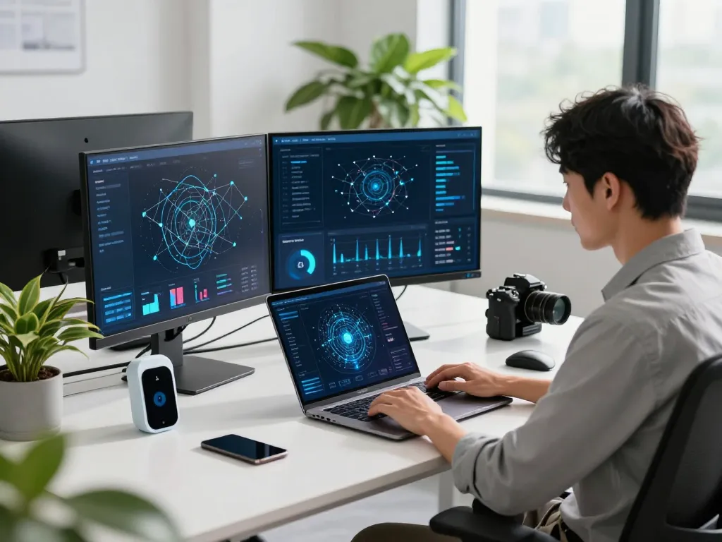 User experiencing快连's fast networking solutions in a modern tech workspace.