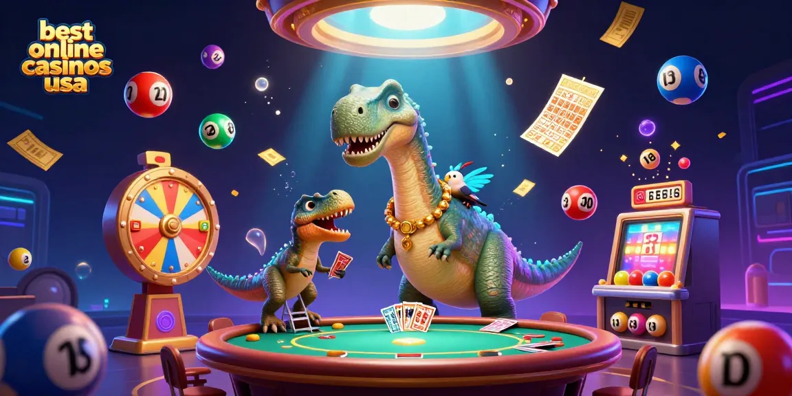 Experience the best online casinos usa with a giant brontosaurus and clever raptor in a vibrant casino scene