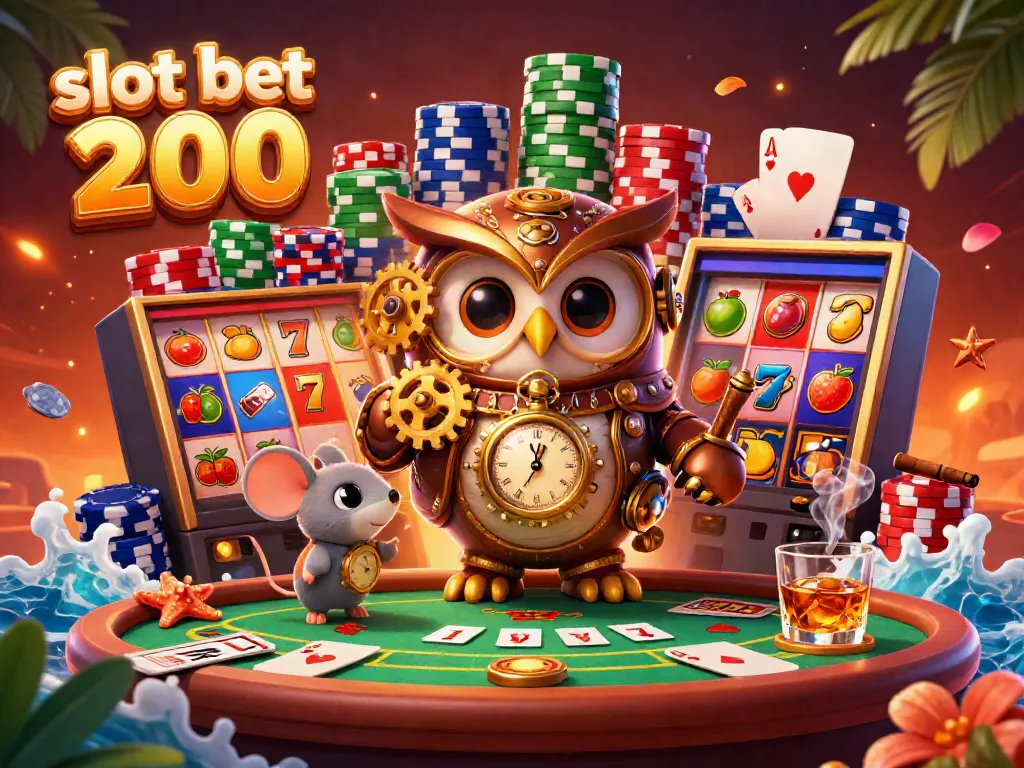 Permainan slot bet 200 yang menarik dengan karakter hantu waktu dan mouse, dikelilingi simbol slot berwarna-warni.
