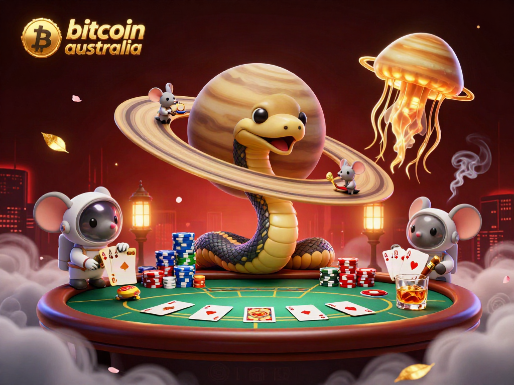 Engaging action scene of bitcoin casinos australia with cartoon characters betting and playing games.