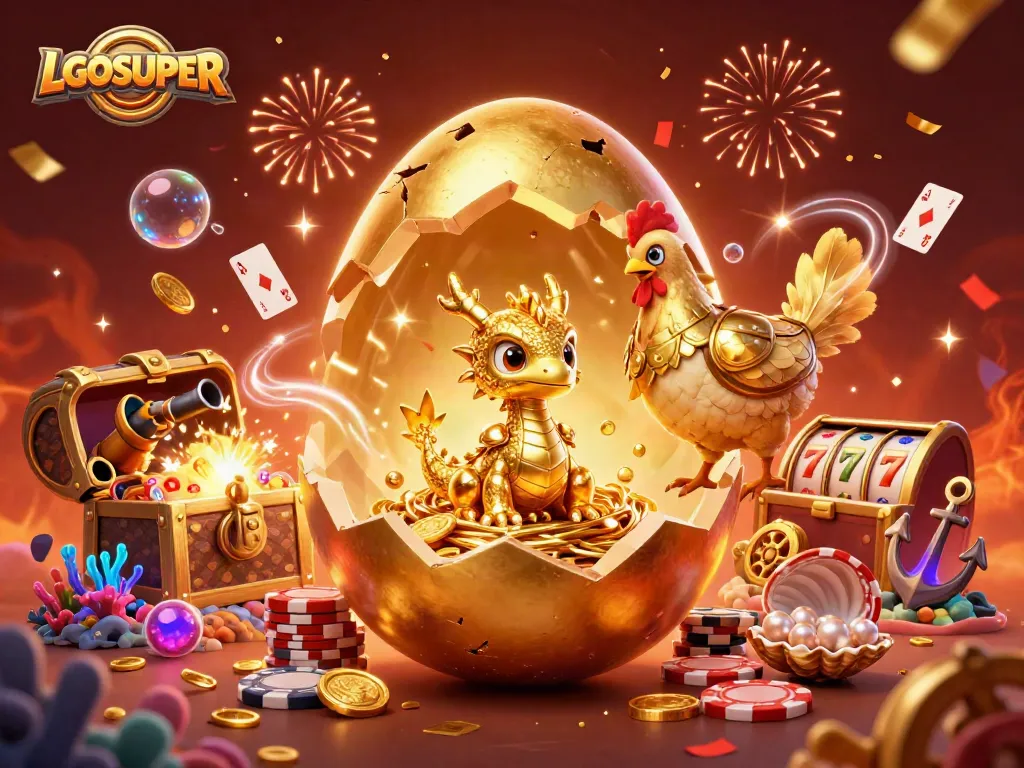 Engage with LGOSUPER gaming as a golden dragon emerges amidst poker chips and casino treasures.