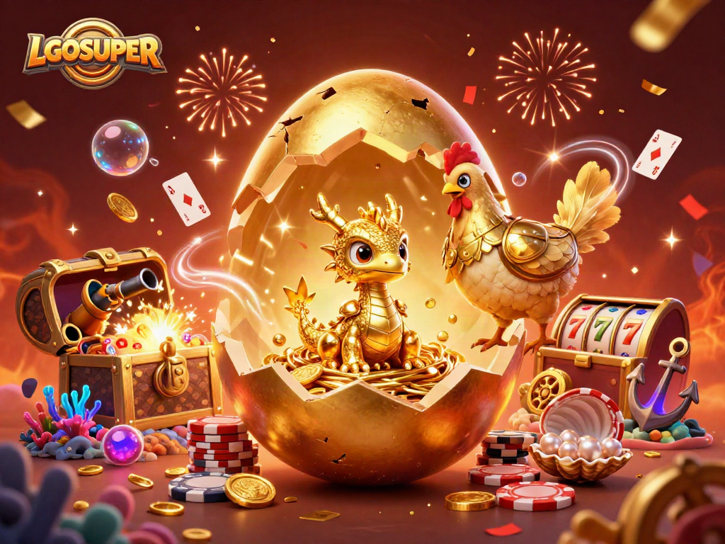 Engage with LGOSUPER gaming as a golden dragon emerges amidst poker chips and casino treasures.