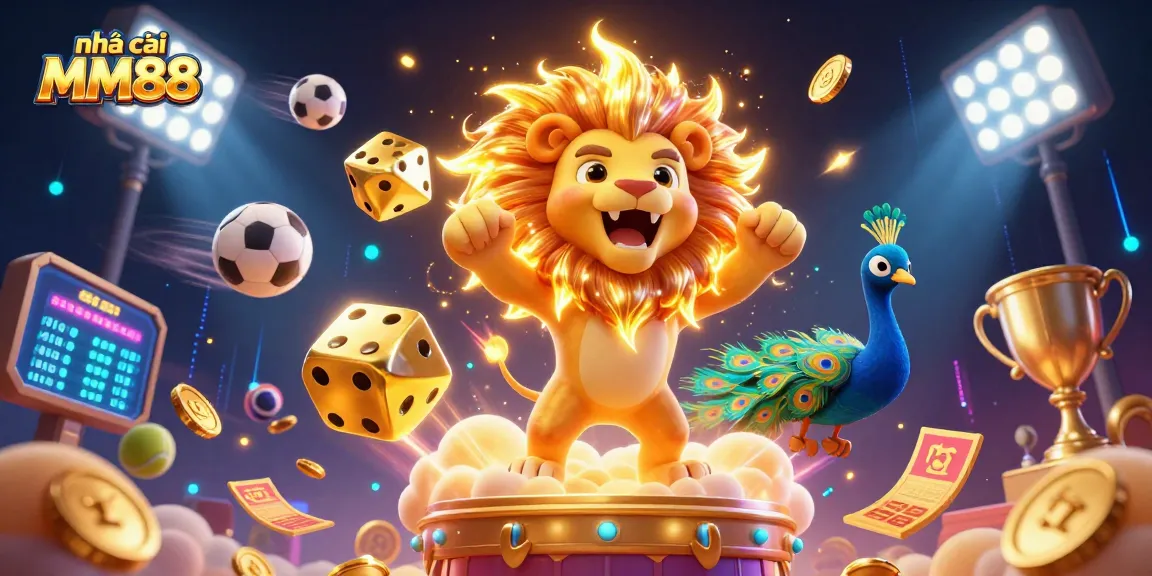 Engaging gaming scene showcasing nhà cái MM88 with sports elements and a triumphant lion on dynamic clouds.