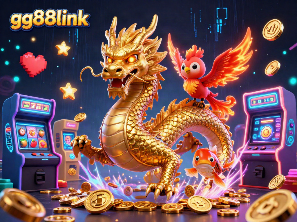 Join the thrilling action at gg88link with golden dragon, phoenix, and coins bursting from an arcade!