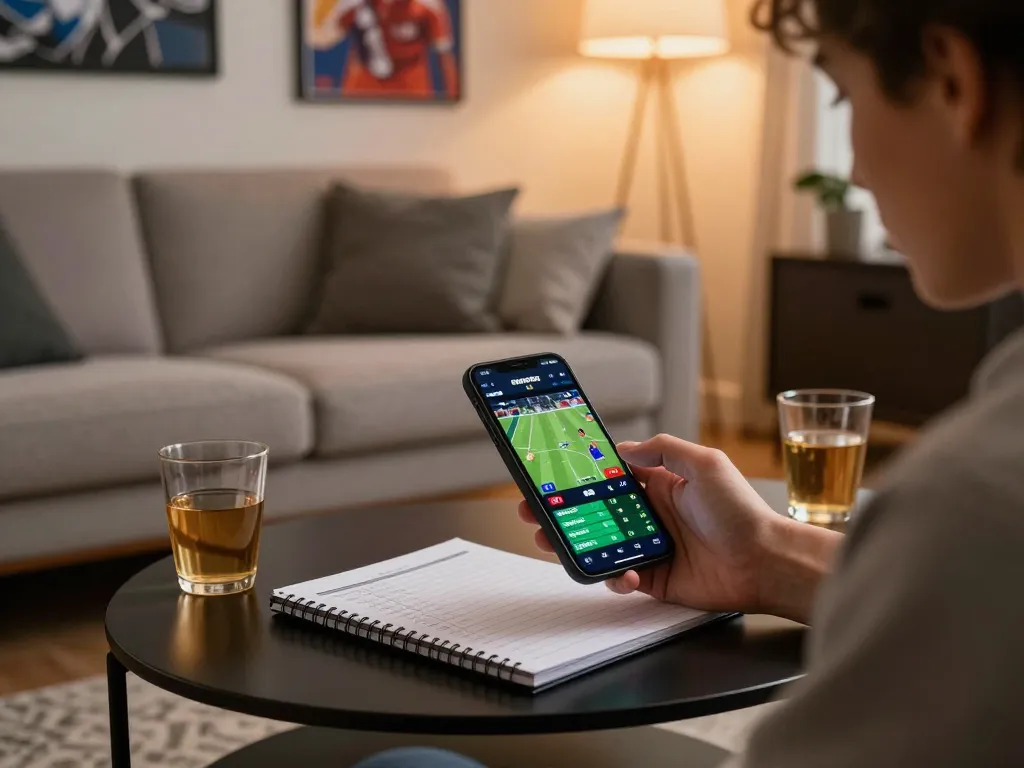 Person engaging with tylekeonhacai88 sports betting app on smartphone in a cozy living room.