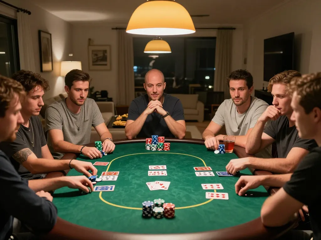 O8 players engaging intensely during a home poker night, colorful chips and cards visible, warm atmosphere