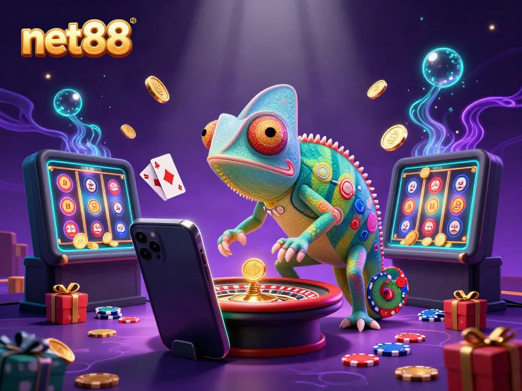 Experience net88's vibrant casino atmosphere with a colorful 3D chameleon owner and dynamic gaming elements.