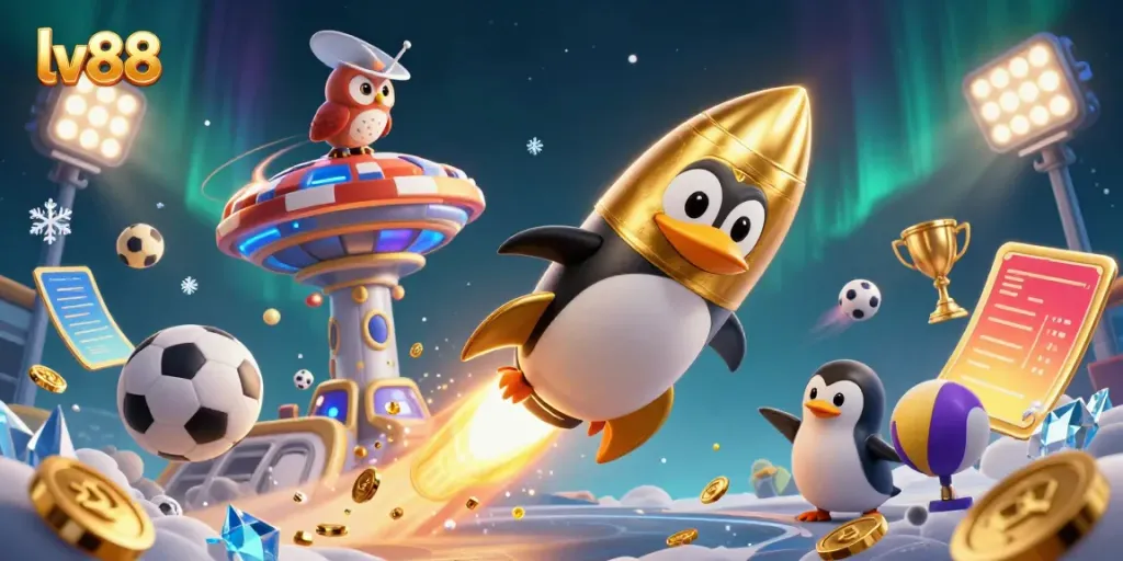 Experience thrilling gameplay with lv88, featuring a golden penguin heading to a casino space station amidst sports elements.