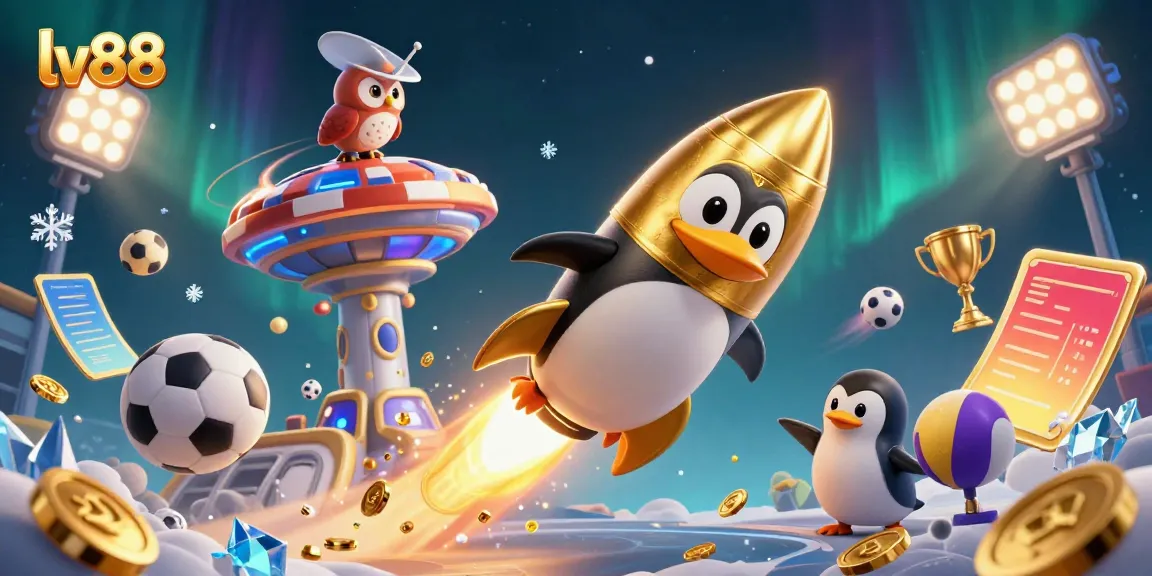 Experience thrilling gameplay with lv88, featuring a golden penguin heading to a casino space station amidst sports elements.