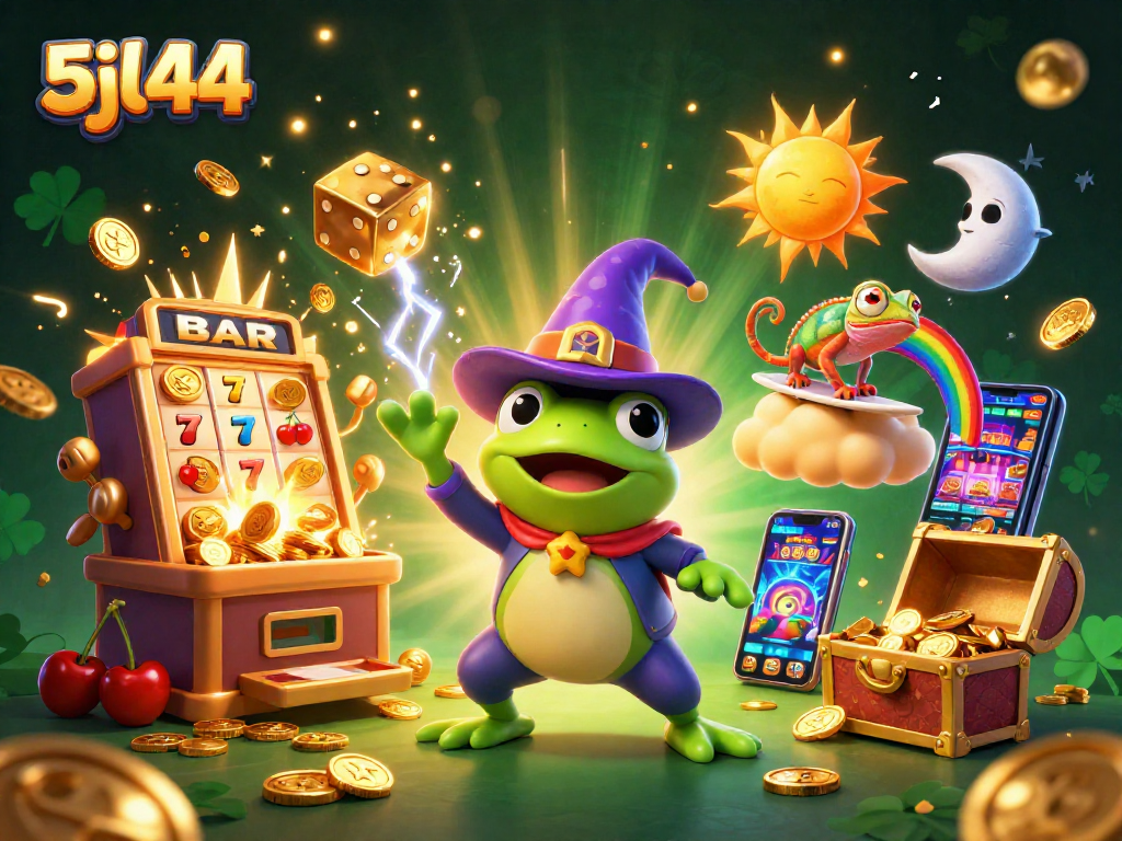 Experience thrilling gameplay with 5jl44, featuring a wizard frog and chameleon amid a jackpot storm.