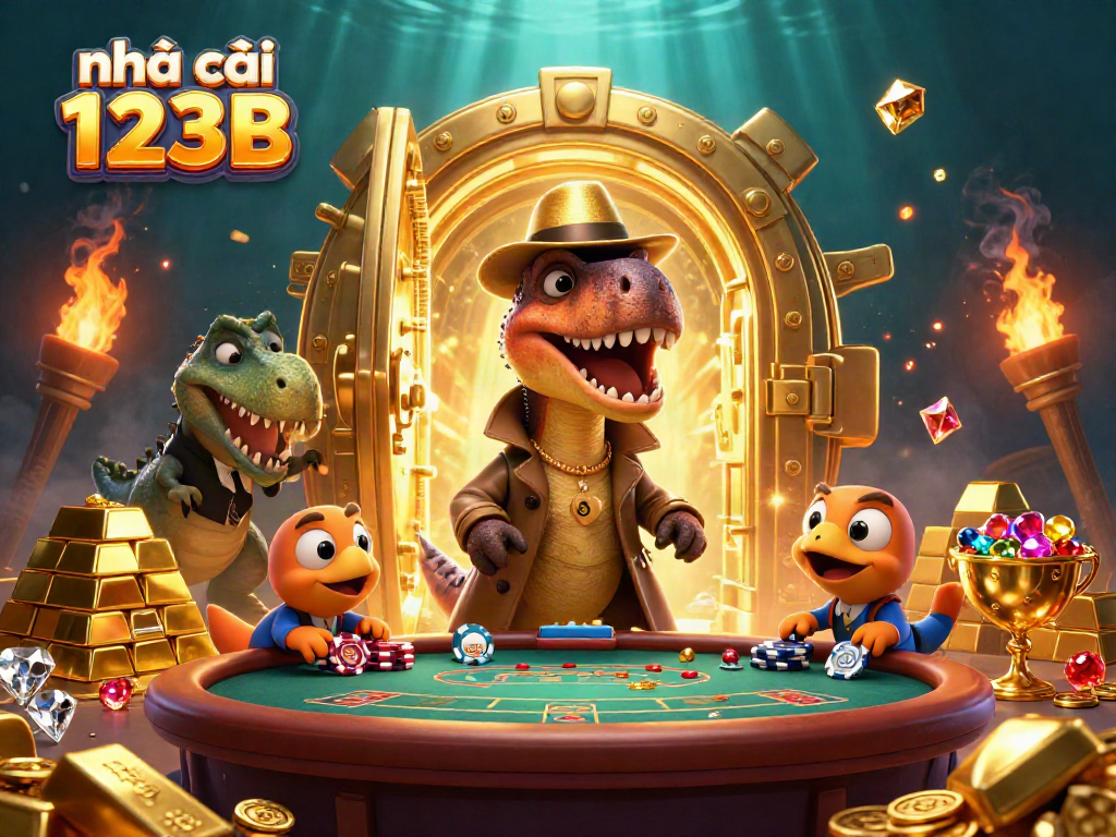 Experience the thrill at nhà cái 123B with vibrant casino characters and elaborate treasures.