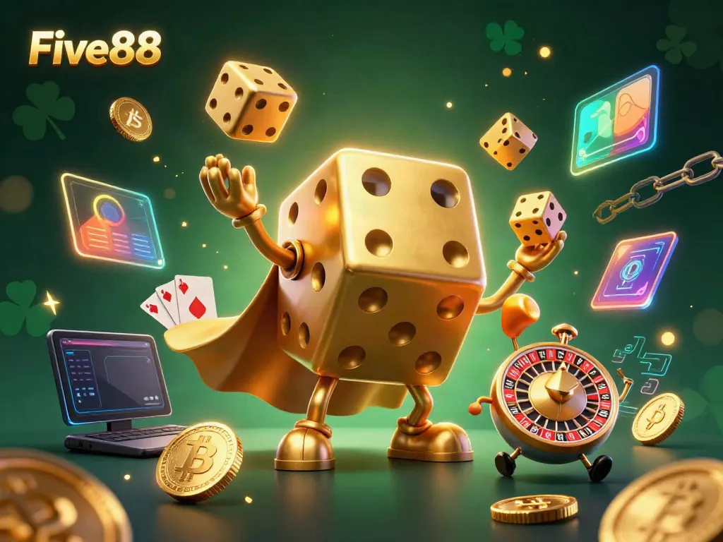 Experience the vibrant online gaming world at Five88 with dazzling golden dice and crypto elements.