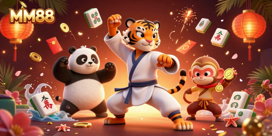 Engage in thrilling experiences with MM88 as a kung fu tiger master guides players in vibrant gambling adventures.