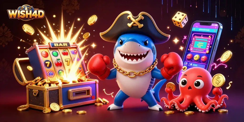 WISH4D transforms gaming with vibrant slot action featuring a shark, pufferfish, and octopus.