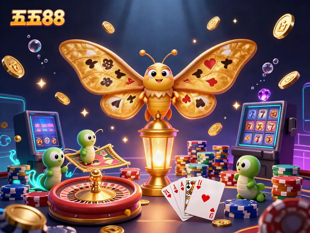 Experience the vibrant world of five88 with a cartoon moth and golden casino elements.