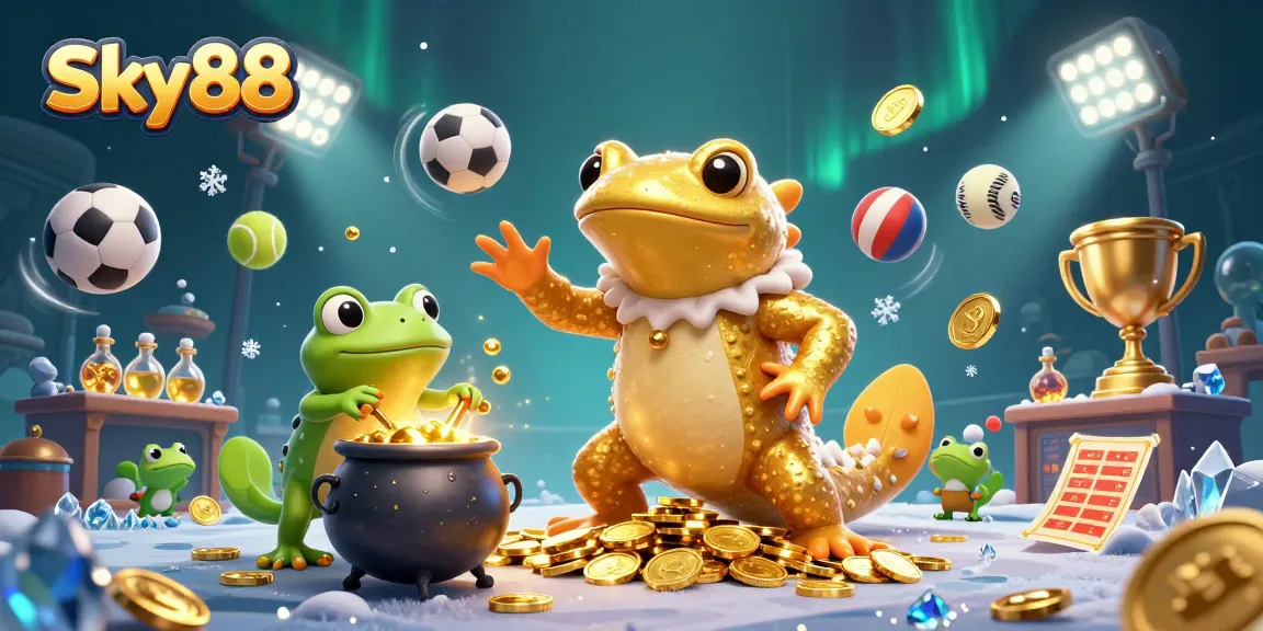 Sky88 illustrates gambling excitement with a golden salamander alchemist creating coins in a vibrant scene.