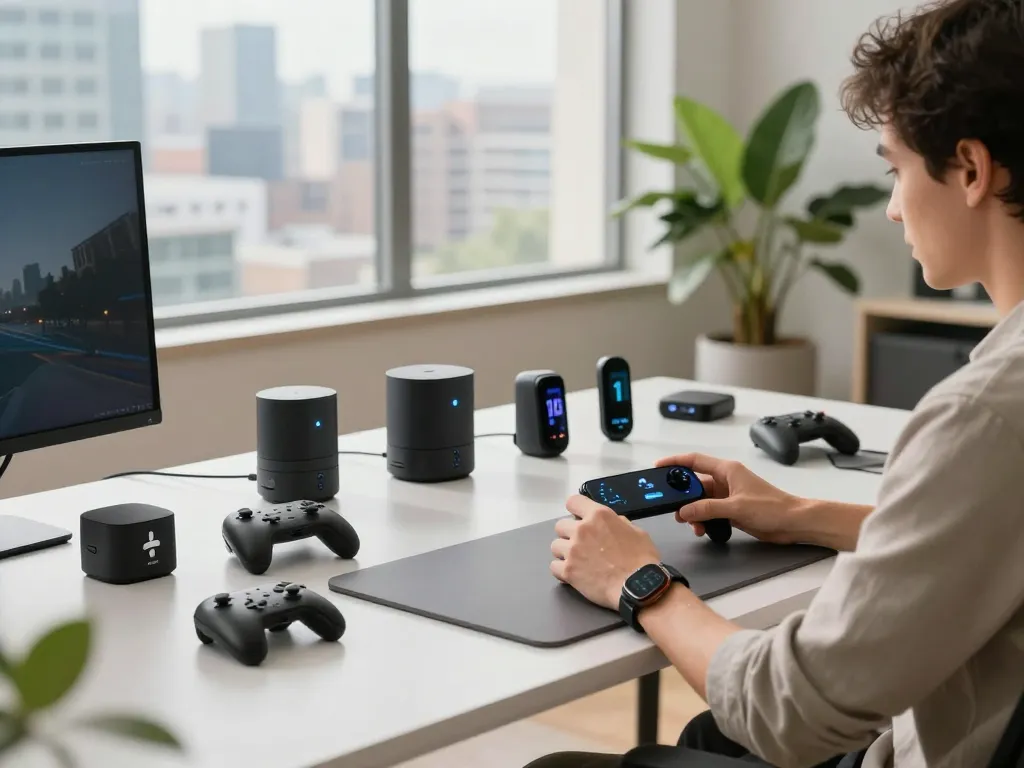 Discover the latest tech gadgets 2087 in a modern workspace with innovative Bluetooth devices.
