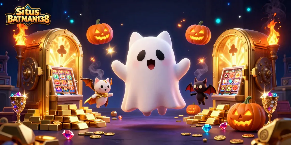 Situs BATMAN138 gaming scene featuring a ghost cat and vampire bat in a dynamic haunted casino atmosphere.