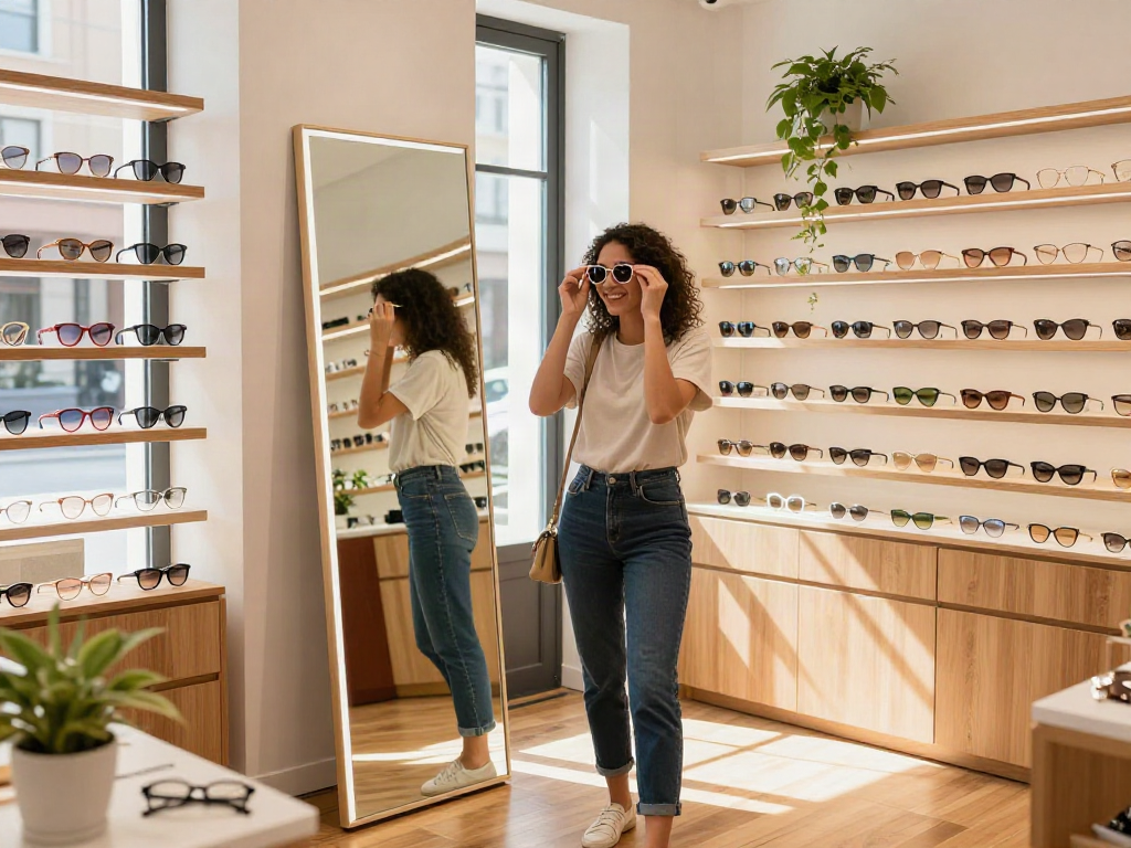 Fashionable customer trying on stylish óculos de grau in a bright boutique.