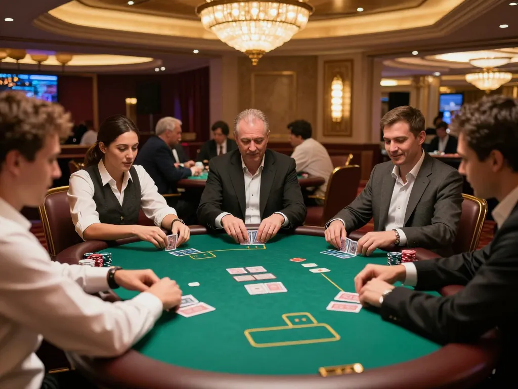 Mainecoasthemp players strategizing at a luxurious poker table during a high-stakes game.