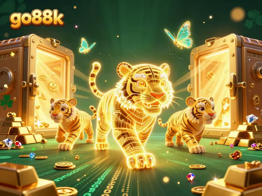 Experience go88k's thrilling casino adventure with a vibrant scene filled with treasures and a dazzling golden tiger.