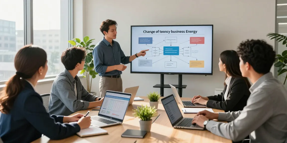Team strategizing in a modern office about change of tenancy business energy solutions with data visualization on display.