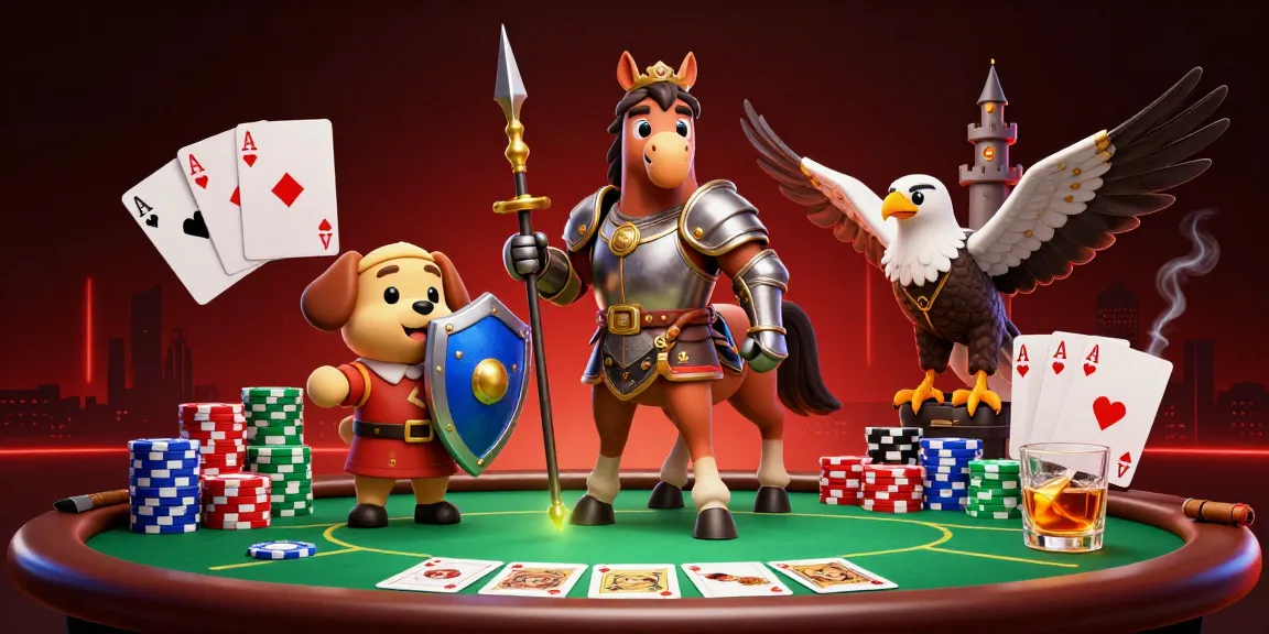 Engage in the dabet2026 poker scene featuring a knight, a puppy shield bearer, and a falcon, rich in vibrant casino elements.