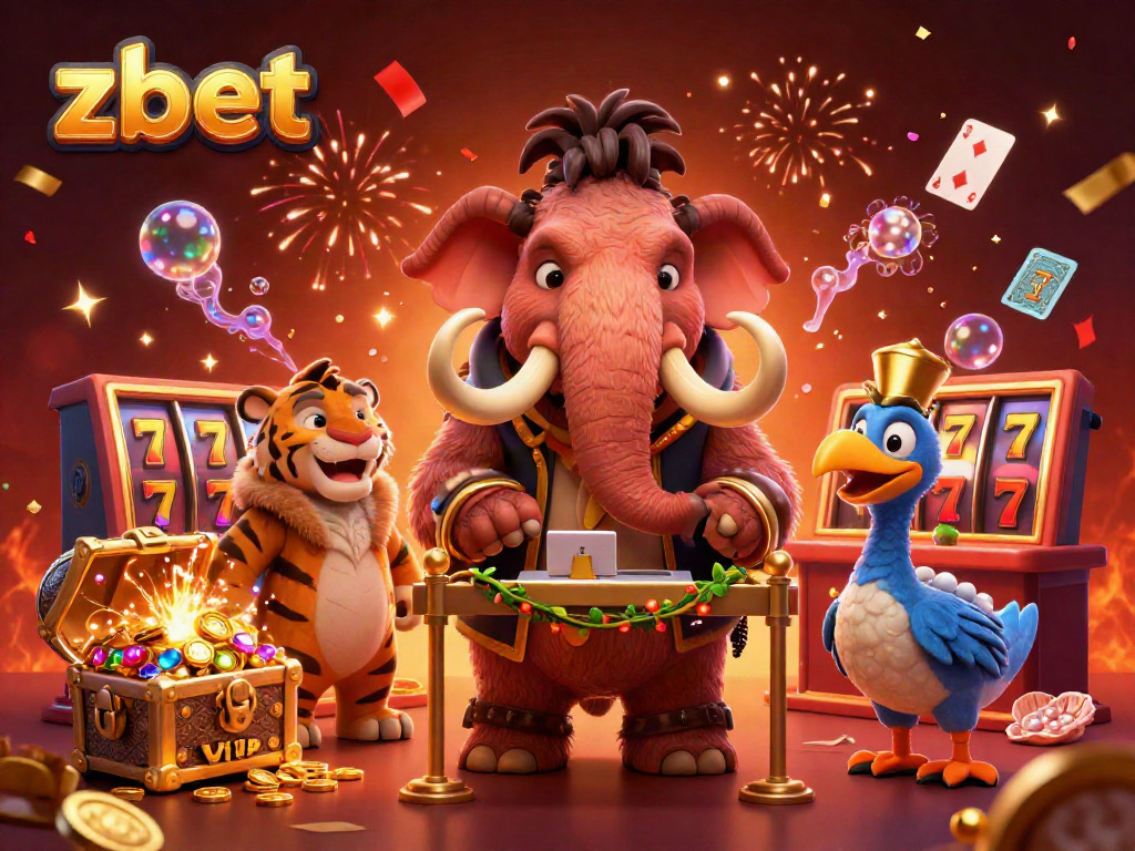 Experience zbet as a cartoon mammoth checks IDs for a vibrant casino scene with spinning slot reels and treasures.