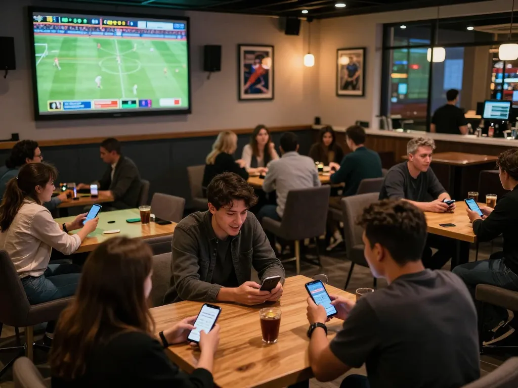 Soi kèo phạt góc in a vibrant sports betting lounge environment, with viewers actively placing bets.