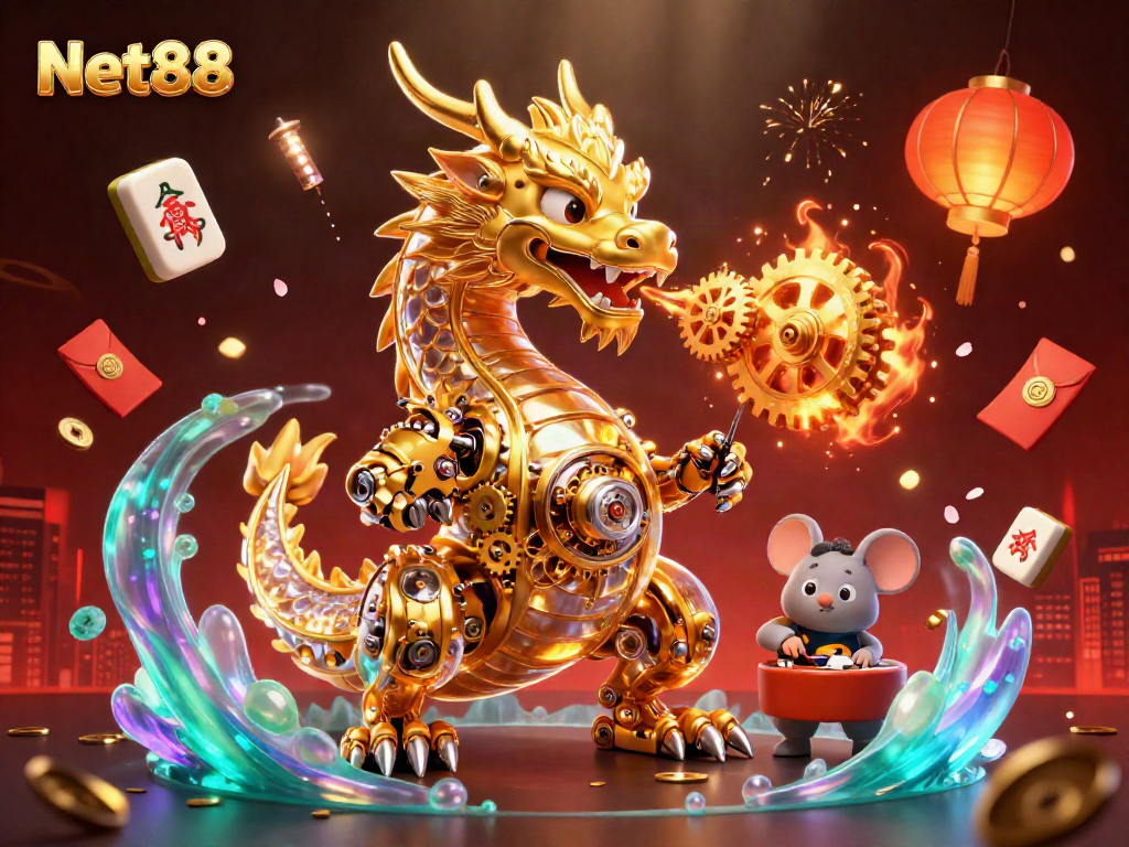 Experience the excitement of Net88 with vibrant characters, golden imagery, and dynamic gambling elements.