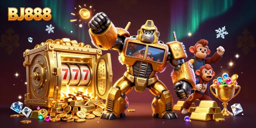 Win big with BJ888 at this vibrant online casino scene featuring dynamic slots and treasures!