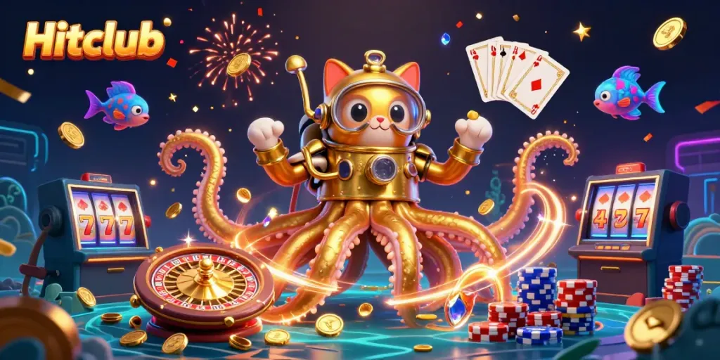 Engage with Hitclub's vibrant casino experience featuring a kraken, coins, and poker elements.