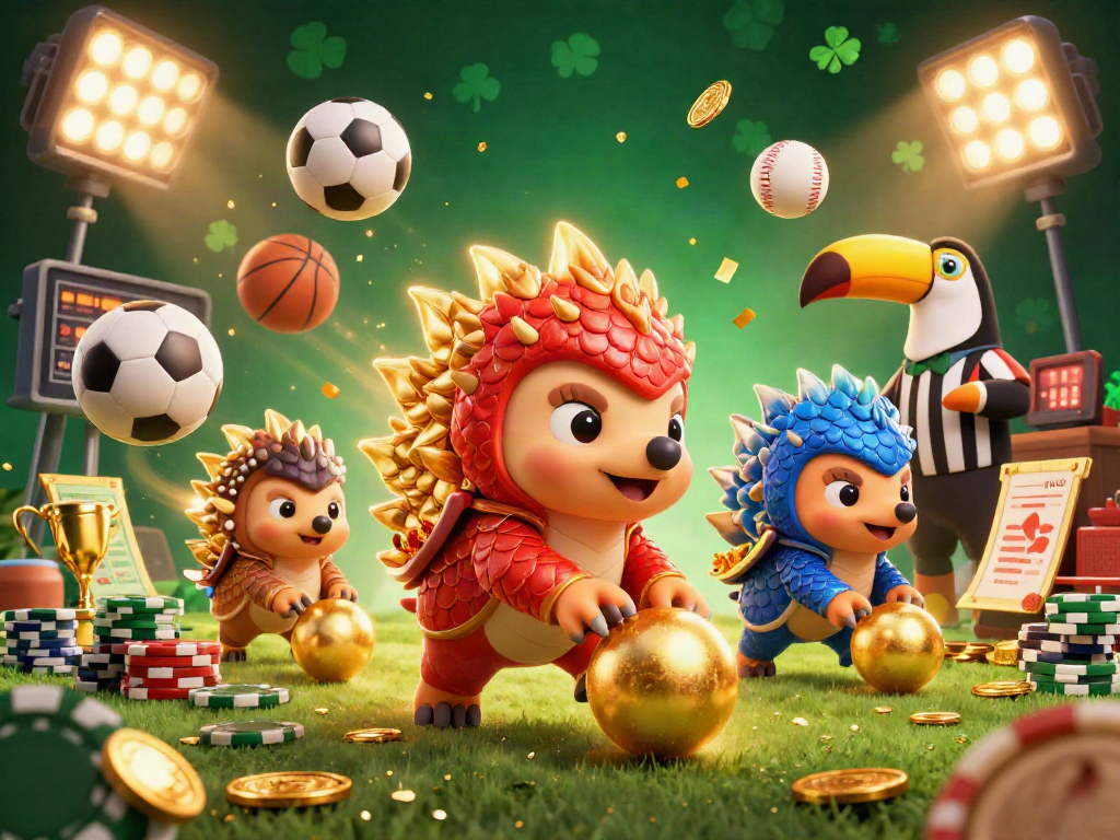iwin pangolins compete in a lively casino scene filled with poker chips and sports elements, showcasing dynamic energy.