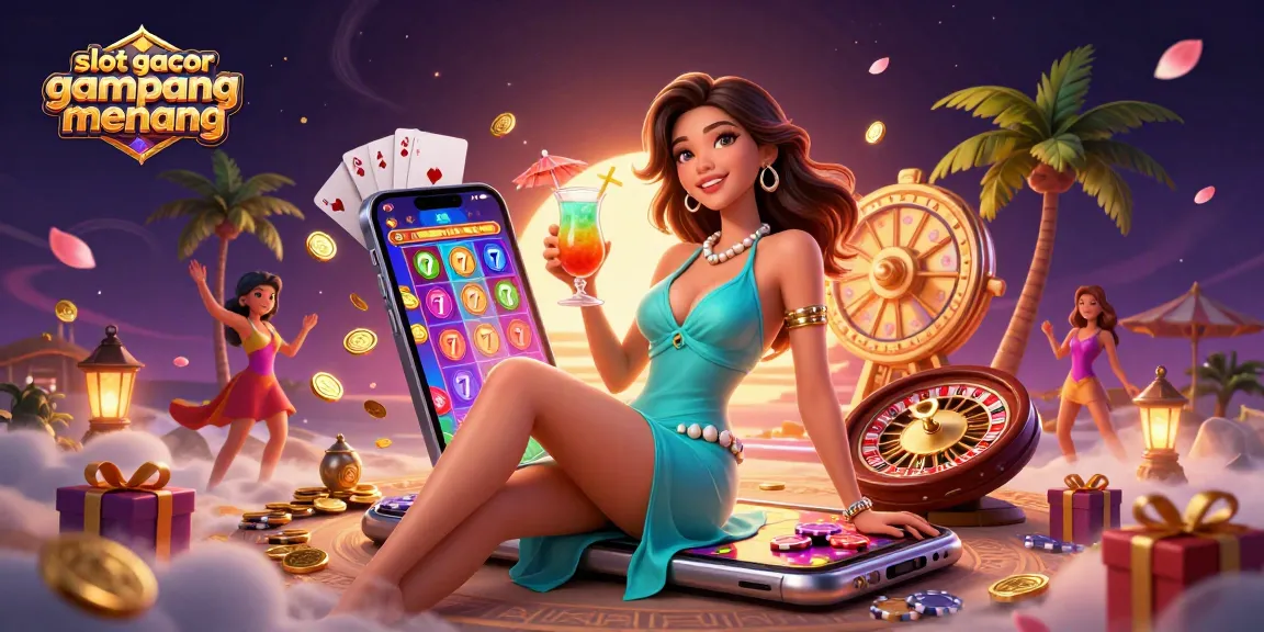 Win big with slot gacor gampang menang as an Asian woman enjoys a tropical cocktail in a vibrant casino setting.