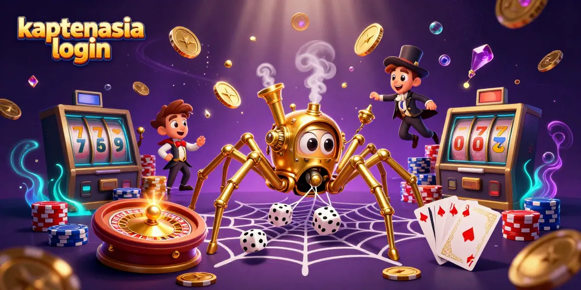 Ilustrasi 3D yang mempromosikan kaptenasia login dengan laba-laba steampunk dan elemen kasino lainnya.