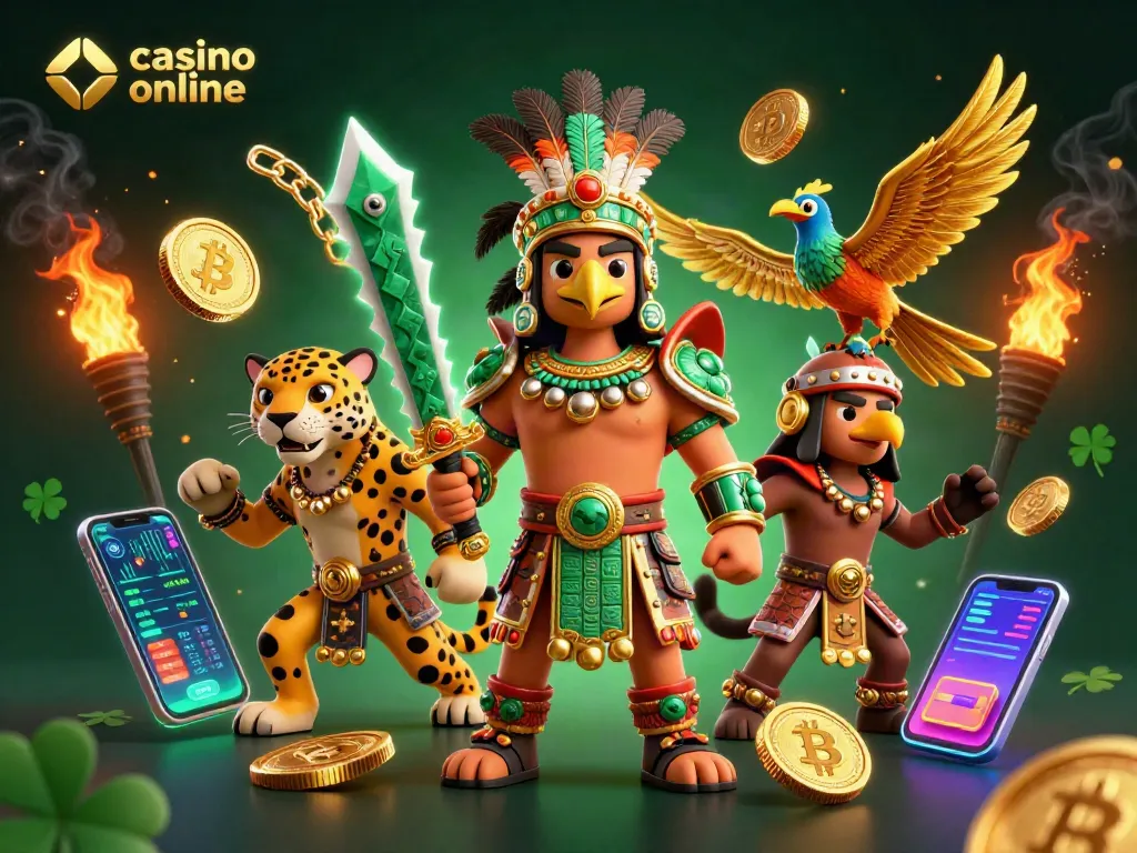 Disfruta del juego en el casino online con guerreros aztecas y elementos de criptomonedas.