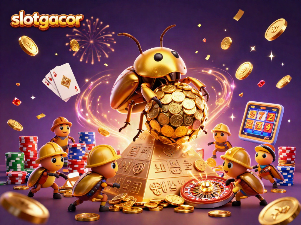 Experience the excitement of slotgacor with a golden beetle and treasure-filled pyramid scene.