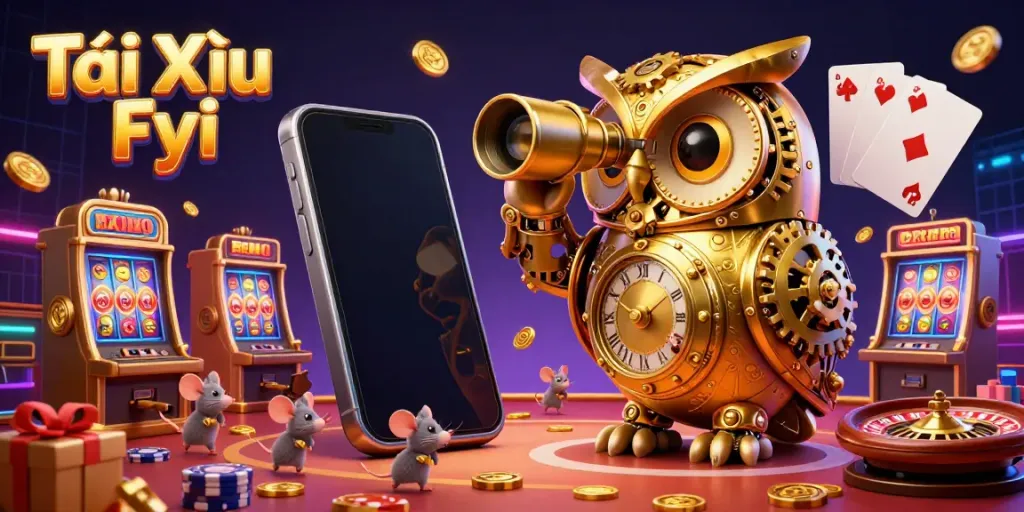 Tài Xỉu Fyi showcases animated casino excitement, featuring a golden owl and whimsical mice amidst lively gambling elements.