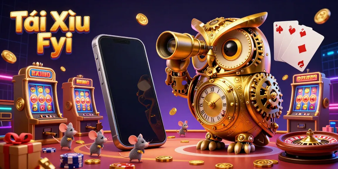 Tài Xỉu Fyi showcases animated casino excitement, featuring a golden owl and whimsical mice amidst lively gambling elements.