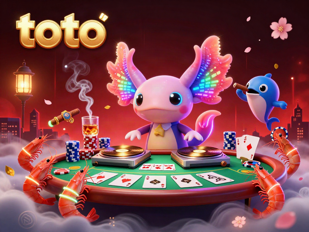 Engage in the vibrant world of toto as a neon axolotl DJ spins, surrounded by a dynamic casino scene.