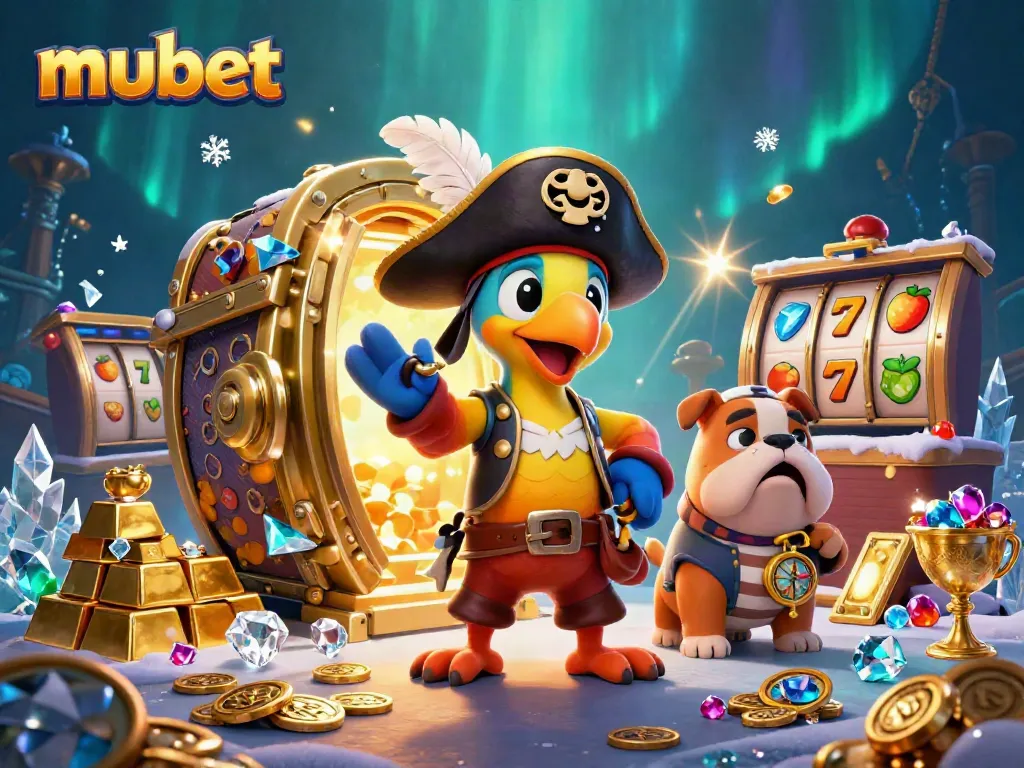 Win big at mubet with playful pirate characters surrounded by treasure and casino elements.