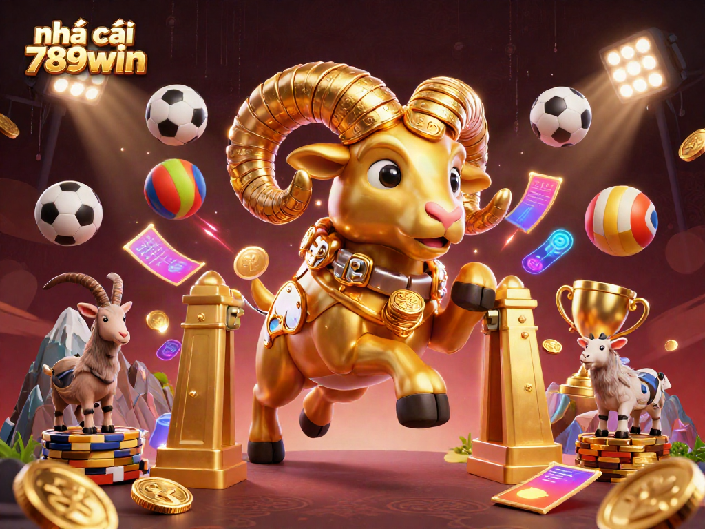 Engage with the vibrant world of nhà cái 789win through a dynamic 3D illustration showcasing a massive golden ram amidst sports-themed elements.