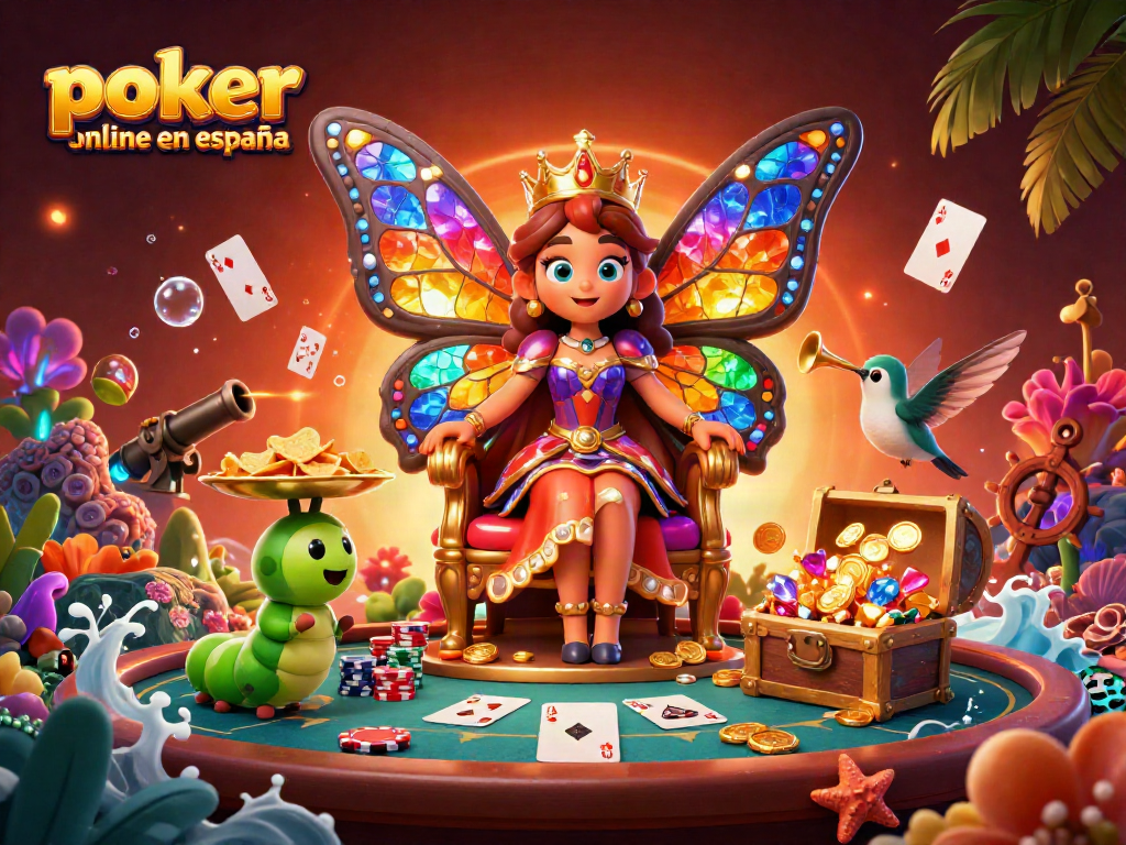 Juega al póker online en España junto a una colorida reina mariposa y mozos de fichas en un entorno vibrante.