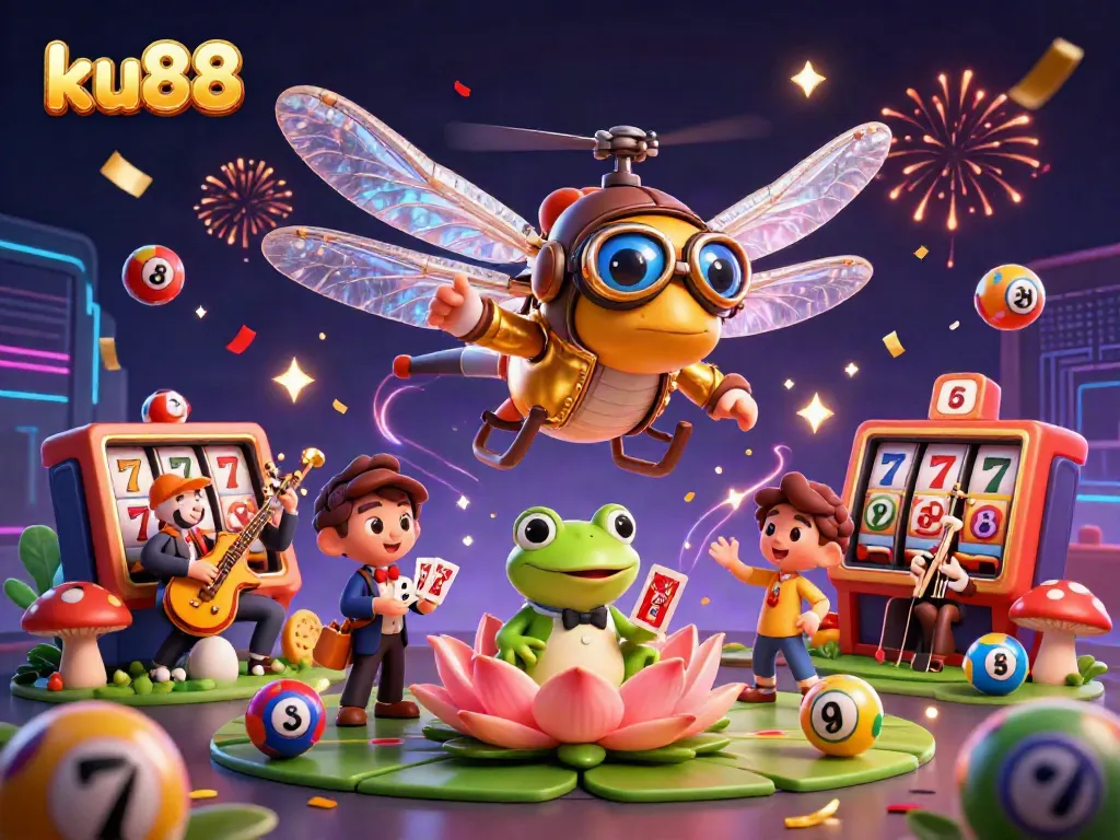 Experience the excitement of ku88 with a vibrant casino scene featuring cartoon characters and dynamic gaming elements.